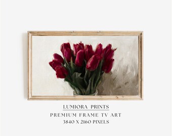 Samsung Frame TV Art Valentine's Day | Red Tulips Bouquet Oil Painting | Spring Floral Still Life | Farmhouse Decor | Botanical 4K Download, image 1
