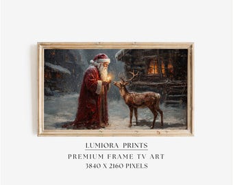 Samsung Frame TV Art Christmas Santa & Reindeer • Vintage Oil Painting • Cozy Cabin Winter Scene • Holiday Wall Art Digital Download, image 1