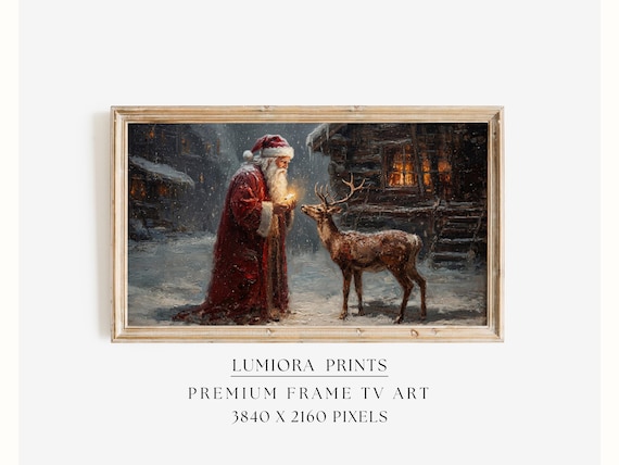 Samsung Frame TV Art Christmas Santa & Reindeer • Vintage Oil Painting • Cozy Ca