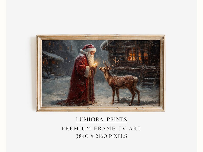 Samsung Frame TV Art Christmas Santa & Reindeer • Vintage Oil Painting • Cozy Ca