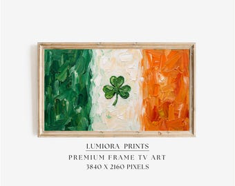 Ireland Flag Samsung Frame TV Art, St. Patrick’s Day Lucky Shamrock Decor, Impressionist Irish Heritage Oil Painting, 4K, image 1
