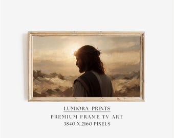 Jesus Crown of Thorns TV Art, Christ in Prayer Christian Oil Painting, Passion of Jesus Samsung Frame TV Art, Spiritual Faith Sunset Decor, image 1