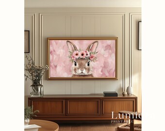 Easter Bunny Samsung Frame TV Art, Spring TV Decor, Nursery Rabbit Oil Painting, Flower Crown Rabbit Wall Decor, Pink Aesthetic Screen Art, image 5