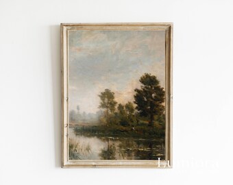 Vintage Lake Landscape Print, Rustic Farmhouse Wall Art, Antique River Oil Painting, Moody Nature Art, European Countryside, Cottagecore, image 4
