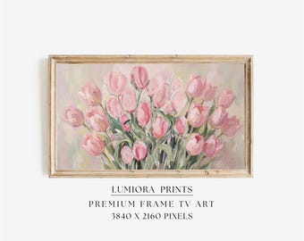 Pink Tulip Samsung Frame TV Art, Spring Floral Oil Painting, Botanical TV Decor, Cottagecore Flower Wall Art, Summer Screen Art, image 1