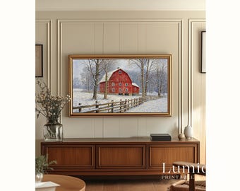 Samsung Frame TV Art Winter Barn Landscape • Red Farmhouse Painting • Rustic Country Christmas Wall Art, image 5