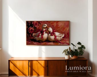 Romantic Love Ducks Samsung Frame TV Art, Vintage Oil Painting, Red Ribbons and Roses, Valentine's Day Decor, Cottagecore Aesthetic, 4K, image 3