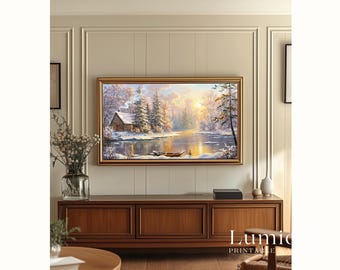 Samsung Frame TV Art Winter Cabin Landscape • Snowy River Sunrise Painting • Cozy Rustic Nature Artwork, image 5