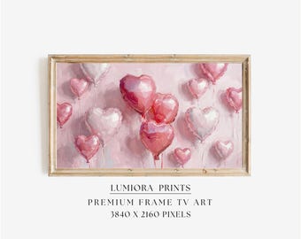 Romantic Pink Heart Balloons Samsung Frame TV Art, Valentine's Day Decor, Abstract Love Symbol, Modern Oil Painting, Soft Pastel Wall Art,4K, image 1