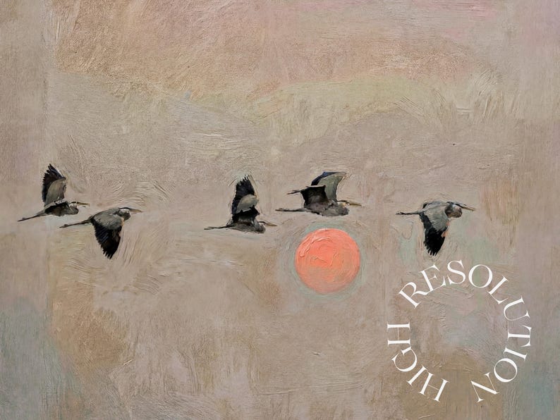 May include: An abstract painting depicts five birds in flight against a textured, neutral-toned background. A soft, orange circle represents the sun. The words "HIGH RESOLUTION" are in a circular arrangement.
