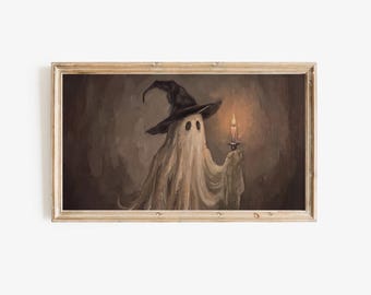 Halloween Frame TV Art, Witch Ghost with Candle, Vintage Halloween Oil Painting, Spooky Cute Ghost Decor, Moody Fall Digital Download TV, image 6