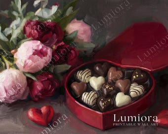 Samsung Frame TV Art Valentine's Day, Heart Shaped Chocolate Box, Pink Peonies Bouquet, Romantic Still Life, Vintage Food Oil Painting, 4K, image 7