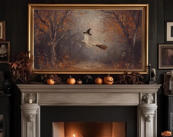 Halloween Frame TV Art, Ghost on Broomstick in Autumn Forest, Vintage Fall Oil Painting, Cute Witch Ghost Decor, Digital Download for TV, image 4