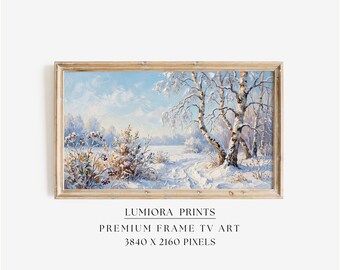 Samsung Frame TV Art Winter Landscape • Snowy Birch Tree Painting • Cozy Scandinavian Nature Decor, image 1