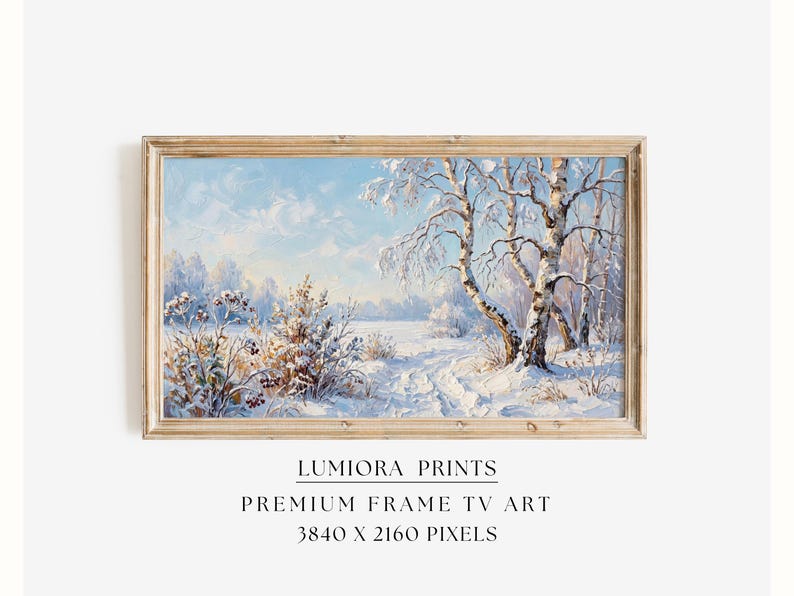 Samsung Frame TV Art Winter Landscape • Snowy Birch Tree Painting • Cozy Scandin