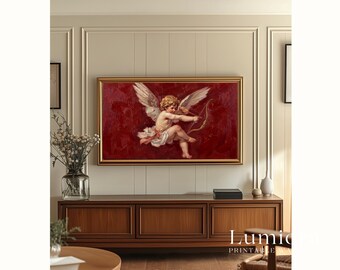 Samsung Frame TV Art Valentine's Day, Vintage Cupid with Bow and Arrow, Renaissance Angel Oil Painting, Romantic Red Background, 4K, image 6