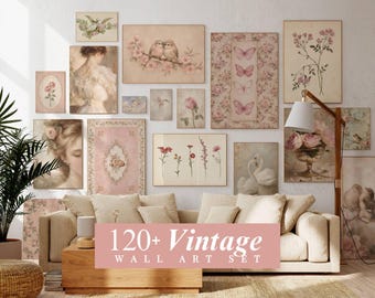 120+ Vintage Pink Gallery Wall Set, Cottagecore Aesthetic Wall Set, Vintage Floral Print Set, Coquette Room Decor, image 1