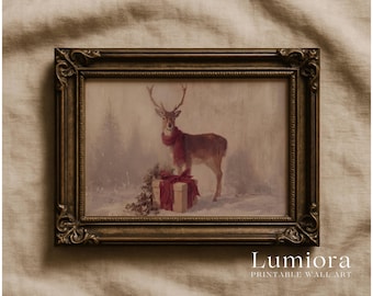 Vintage Christmas Deer Painting, Reindeer with Red Scarf Print, Winter Wall Art, Printable Holiday Decor, Antique Christmas Art Download, image 1