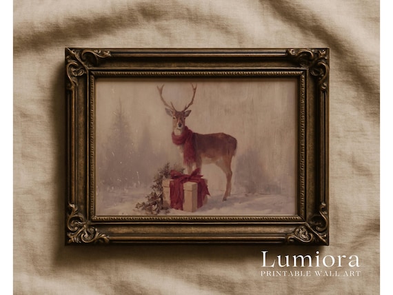Vintage Christmas Deer Painting