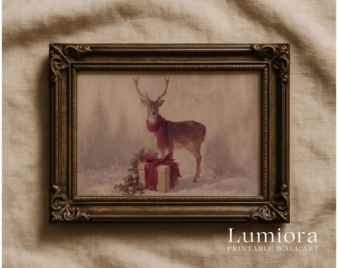 Vintage Christmas Deer Painting, Reindeer with Red Scarf…
