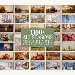May include: A digital collection of 1100+ All Seasons Mega Bundle Frame TV Art featuring a grid of various landscape paintings, seasonal scenes, floral arrangements, holiday motifs, and nature imagery displayed in light wood frames.