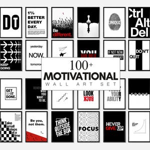 May include: A collection of over 100 rectangular wall art prints featuring black, white, and red graphic designs. The prints display various motivational phrases and symbols, including text like DO, 1% BETTER EVERY DAY, Be different, Ctrl Alt Del, KEEP GOING, NOW, DON'T QUIT, GET SHIT DONE, LOOK BACK, FOCUS, and NEVER GIVE UP.