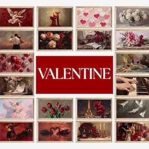 May include: A collection of framed art prints with romantic themes. The prints feature images of cherubs, flowers, couples, musical instruments, and the Eiffel Tower. The word "VALENTINE" is displayed in large white letters on a red background.