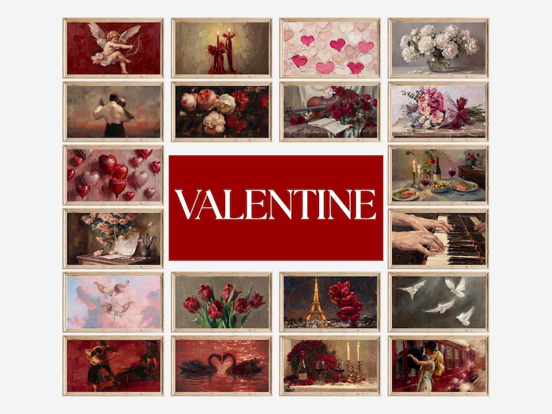 May include: A collection of framed art prints with romantic themes. The prints feature images of cherubs, flowers, couples, musical instruments, and the Eiffel Tower. The word "VALENTINE" is displayed in large white letters on a red background.