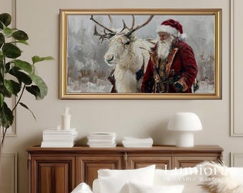 Samsung Frame TV Art Santa Claus Reindeer • Vintage Christmas Oil Painting • Nordic Winter Wall Art • Rustic Holiday Decor, image 5