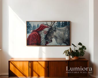 Samsung Frame TV Art Christmas Santa & Reindeer • Emotional Winter Oil Painting • Cozy Holiday Decor • Nordic Rustic Cabin Christmas Art, image 3
