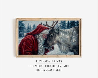 Samsung Frame TV Art Christmas Santa & Reindeer • Emotional Winter Oil Painting • Cozy Holiday Decor • Nordic Rustic Cabin Christmas Art, image 1