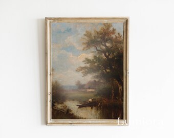 Vintage River Landscape Print, Antique Boat Painting, Rustic Farmhouse Wall Art, European Countryside Art, Cottagecore Decor, Nature Poster, image 4