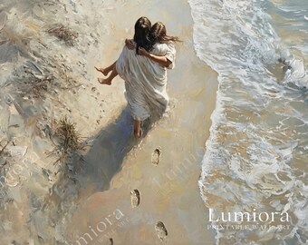 Footprints in the Sand Samsung Frame TV Art, Jesus Carrying Person on Beach Screen Decor, Christian Religious Oil Painting, 4K, image 7