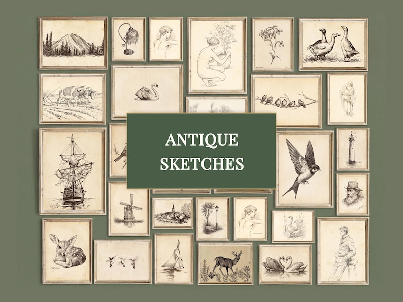 May include: A collection of framed antique sketches, featuring various drawings of landscapes, animals, and figures. The artwork is displayed on a green background, with the text "ANTIQUE SKETCHES" in a dark green rectangle.