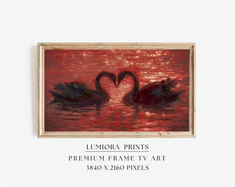 Samsung Frame TV Art Valentine's Day, Romantic Swans Heart Shape, Red Water Oil Painting, Nature 4K Download, image 1
