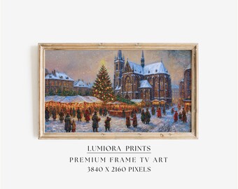 Samsung Frame TV Art Christmas | Vintage European Christmas Market Painting, Snowy Church Scene, Winter Holiday Village, Cozy Festive TV Art, image 1