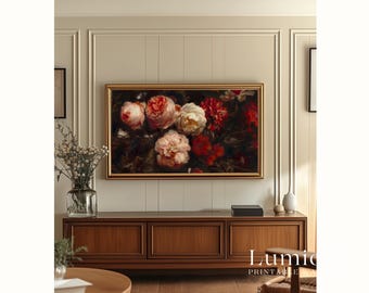 Moody Floral Samsung Frame TV Art Valentine's Day, Romantic Peonies and Roses Bouquet, Dark Academia Oil Painting, Vintage Flower Still Life, image 6