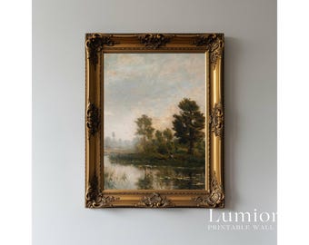 Vintage Lake Landscape Print, Rustic Farmhouse Wall Art, Antique River Oil Painting, Moody Nature Art, European Countryside, Cottagecore, image 3