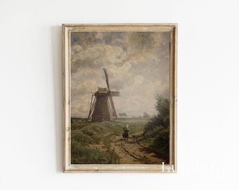 Vintage Farmhouse Wall Art, Rustic Country Landscape, Antique Field Painting, Cottagecore Decor, European Countryside Print, Nature Art, image 4