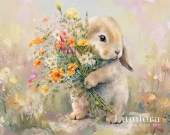 Easter Bunny with Spring Flowers Samsung Frame TV Art, Rabbit Flower Bouquet Oil Painting, 4K Digital Download, Nursery Wall Decor, image 7