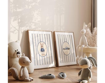 50+ Baby Boy Nursery Prints, Classic Boy Room Decor, Vintage Teddy Bear Art, Blue Striped Wall Art, Retro Car Print, Gallery Wall Set, image 5