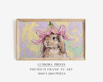 Easter Bunny with Flower Hat Samsung Frame TV Art, Spring TV Decor, Cute Rabbit Oil Painting, 4K, Holiday Screen Art, Nursery Wall Decor, image 1