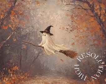 Halloween Frame TV Art, Ghost on Broomstick in Autumn Forest, Vintage Fall Oil Painting, Cute Witch Ghost Decor, Digital Download for TV, image 5