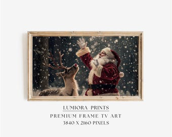 Samsung Frame TV Art Santa & Reindeer • Vintage Christmas Painting • Magical Snow Scene • Holiday Wall Art Digital Download, image 1