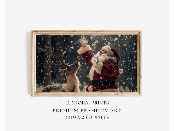 Samsung Frame TV Art Santa & Reindeer • Vintage Christmas Painting • Magical Sno