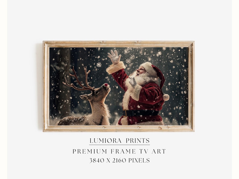 Samsung Frame TV Art Santa & Reindeer • Vintage Christmas Painting • Magical Sno