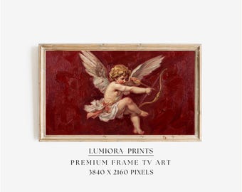 Samsung Frame TV Art Valentine's Day, Vintage Cupid with Bow and Arrow, Renaissance Angel Oil Painting, Romantic Red Background, 4K, image 1