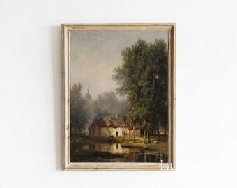Vintage Cottage Print, Rustic Farmhouse Landscape, European Countryside Art, Antique Oil Painting, Cottagecore Decor, Moody Nature Poster, image 4