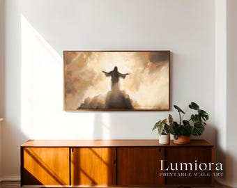 Jesus with Open Arms TV Art, Christ the Redeemer Christian Oil Painting, Ascension of Jesus Samsung Frame TV Art, Spiritual Faith Mountain, image 3
