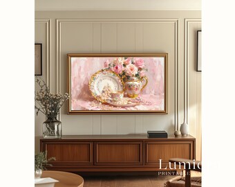 Romantic Tea Time Samsung Frame TV Art, Vintage Porcelain and Pearls Still Life, Soft Rose Bouquet Oil Painting, Shabby Chic Decor, 4K, image 6